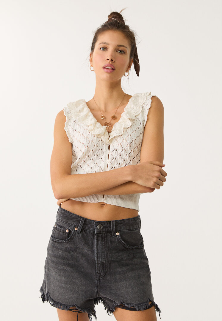 Stradivarius D75 Pantaloni Scurți Din Denim Cu Rupturi Denim Negru 36