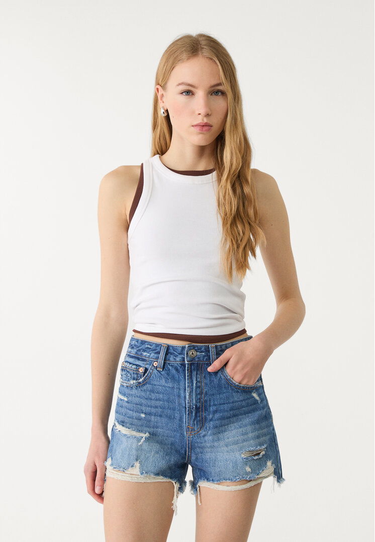 Stradivarius D75 Pantaloni Scurți Din Denim Cu Rupturi Denim Albastru Deschis 42
