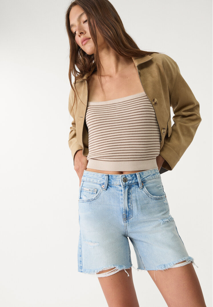 Stradivarius D93 Pantaloni Scurți Longline Din Denim Denim Albastru 38