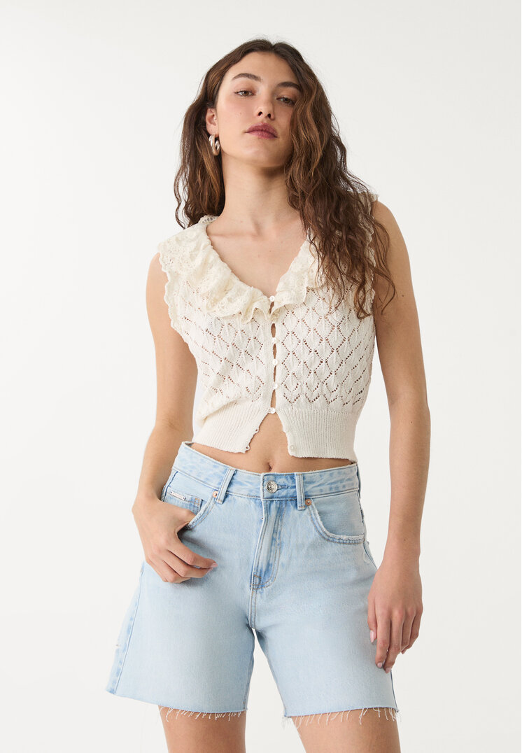 Stradivarius D93 Pantaloni Scurți Longline Din Denim Denim Albastru Deschis Mediu 42