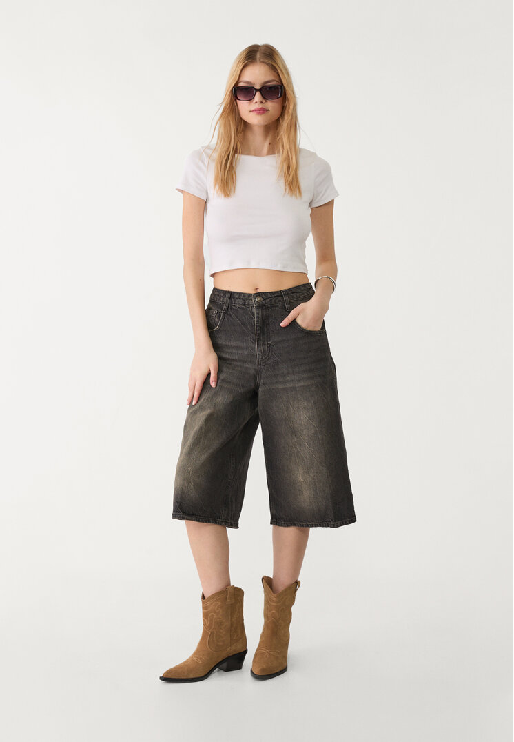 Stradivarius Bermude Jort Denim Baggy Denim Negru 38