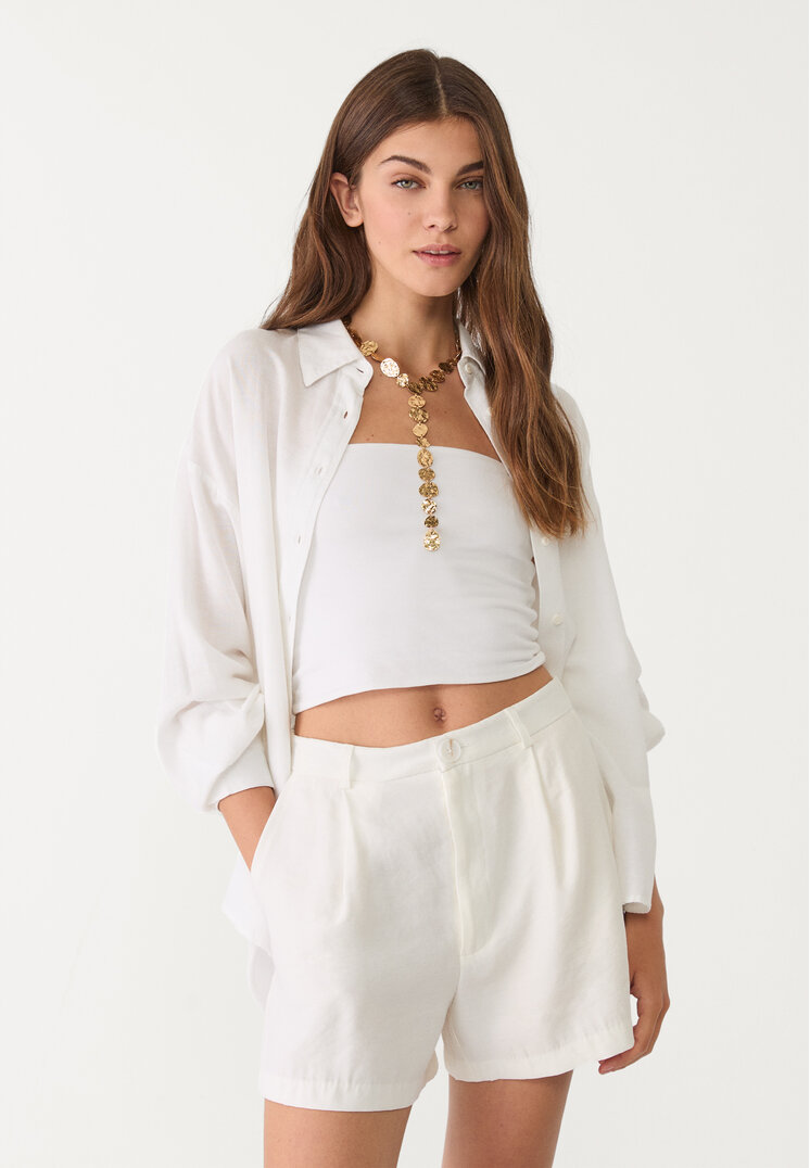 Stradivarius Pantaloni Scurți Vaporoși Cu Pliuri Ecru 40
