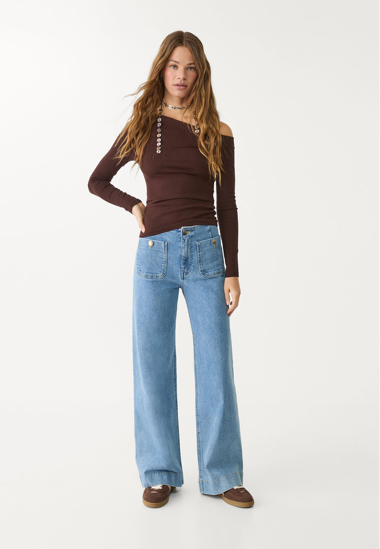 Stradivarius D77 Blugi Minimaliști Cu Buzunare Denim Albastru 42