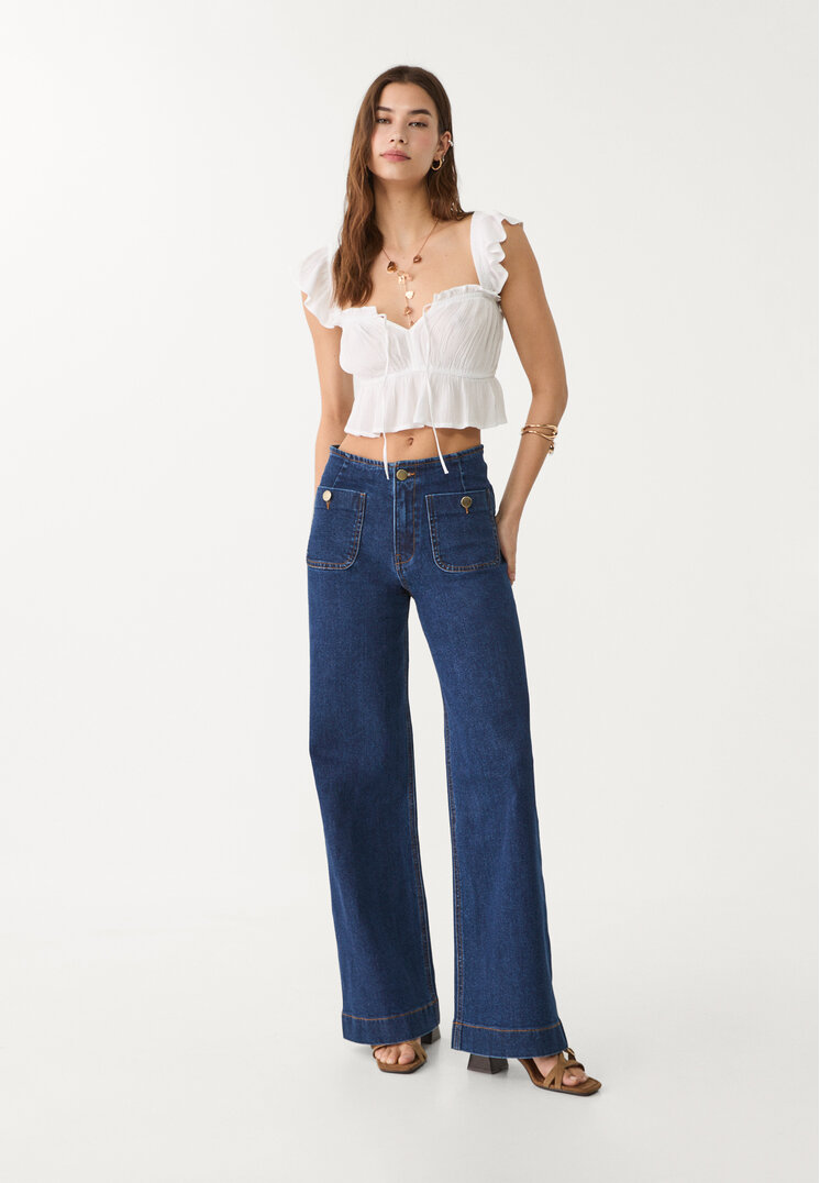 Stradivarius D77 Blugi Minimaliști Cu Buzunare Denim Albastru 40