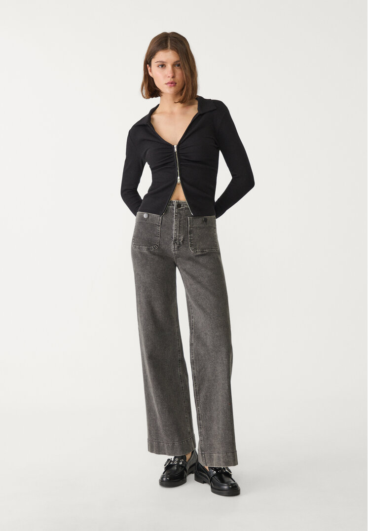 Stradivarius D77 Blugi Minimaliști Cu Buzunare Denim Negru 40
