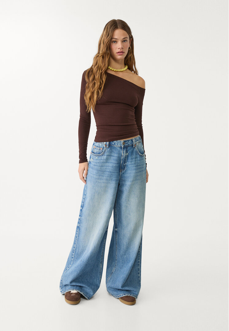 Stradivarius D99 Blugi Wide Loose Denim Albastru 42
