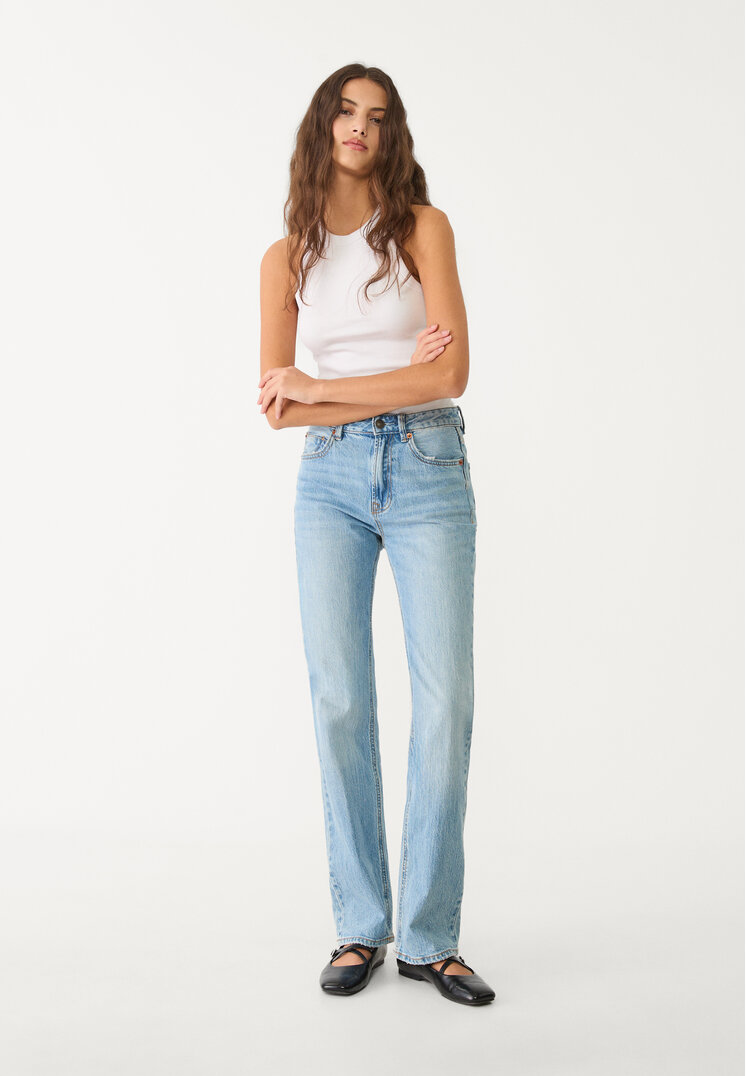 Stradivarius D98 Blugi Straight Fit Cu Efect Vintage Denim Albastru 40