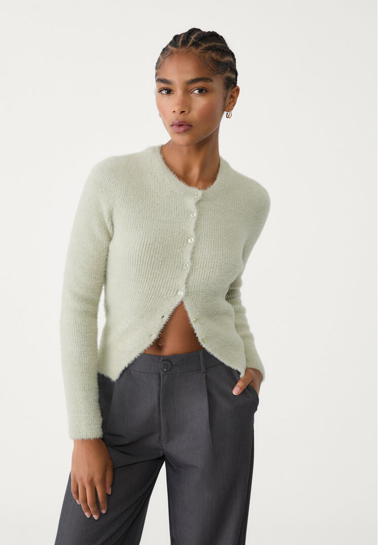 Stradivarius Jachetă Din Imitație De Blană Cu Nasturi Verde Xl