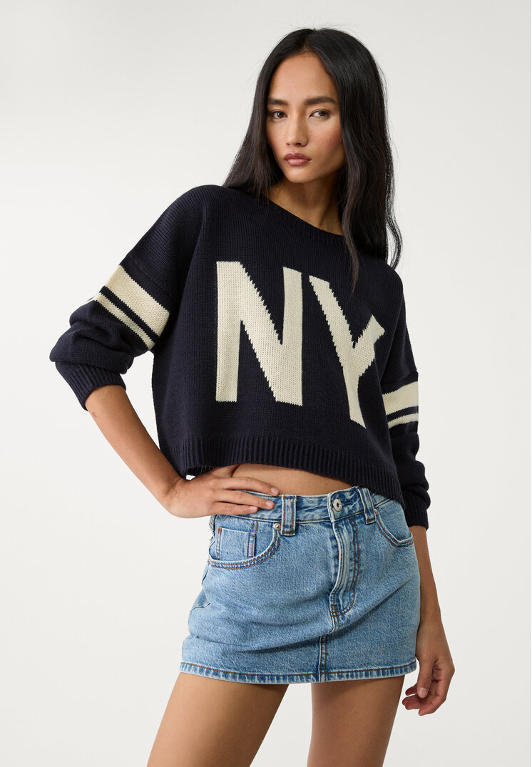 Stradivarius Pulover Scurt Din Tricot Bleumarin Xs