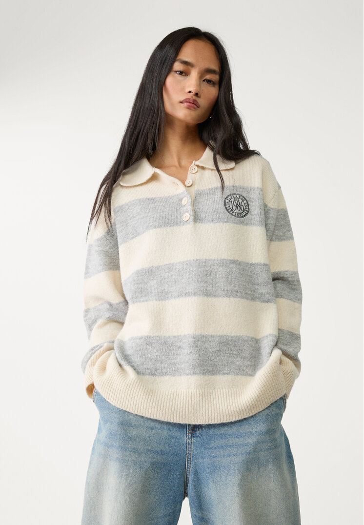 Stradivarius Pulover Polo Din Tricot Cu Nasturi Vanilie L
