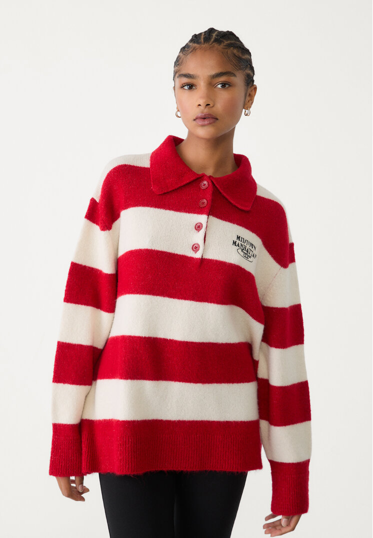 Stradivarius Pulover Polo Din Tricot Cu Nasturi Roșu S