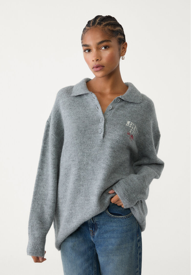 Stradivarius Pulover Polo Din Tricot Cu Nasturi Gri Închis Xs