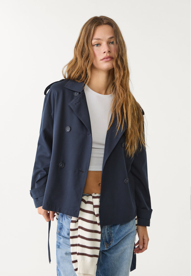 Stradivarius Trenci Scurt Cu Curea Bleumarin M