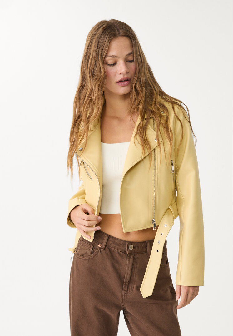 cazadora biker cinturon efecto piel