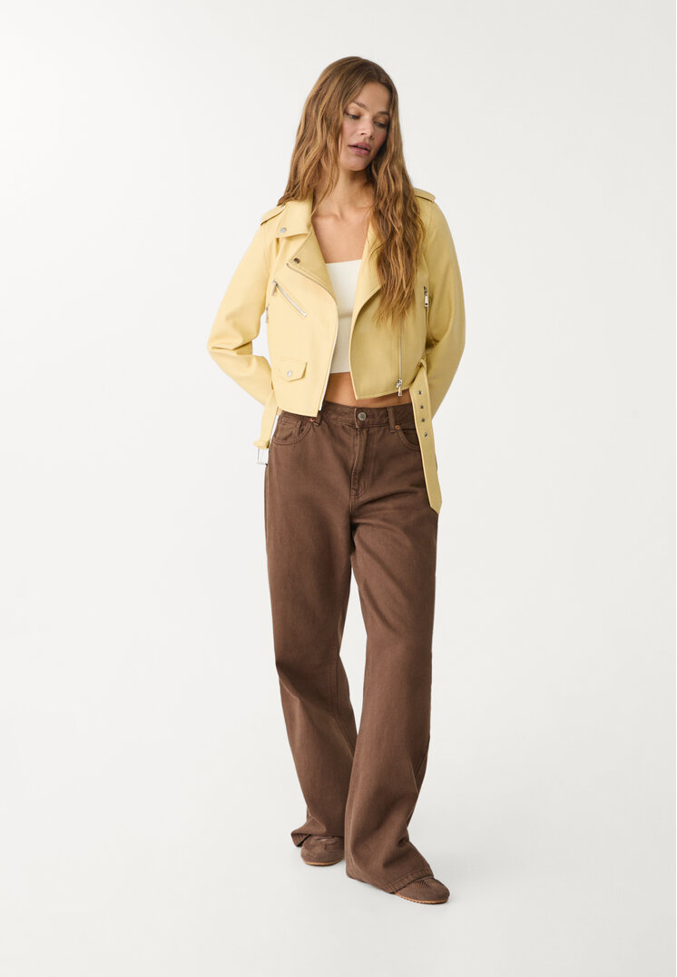 cazadora biker cinturon efecto piel