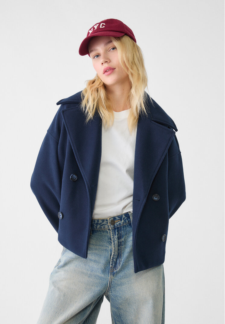 Stradivarius Palton Scurt Petrecut Bleumarin S