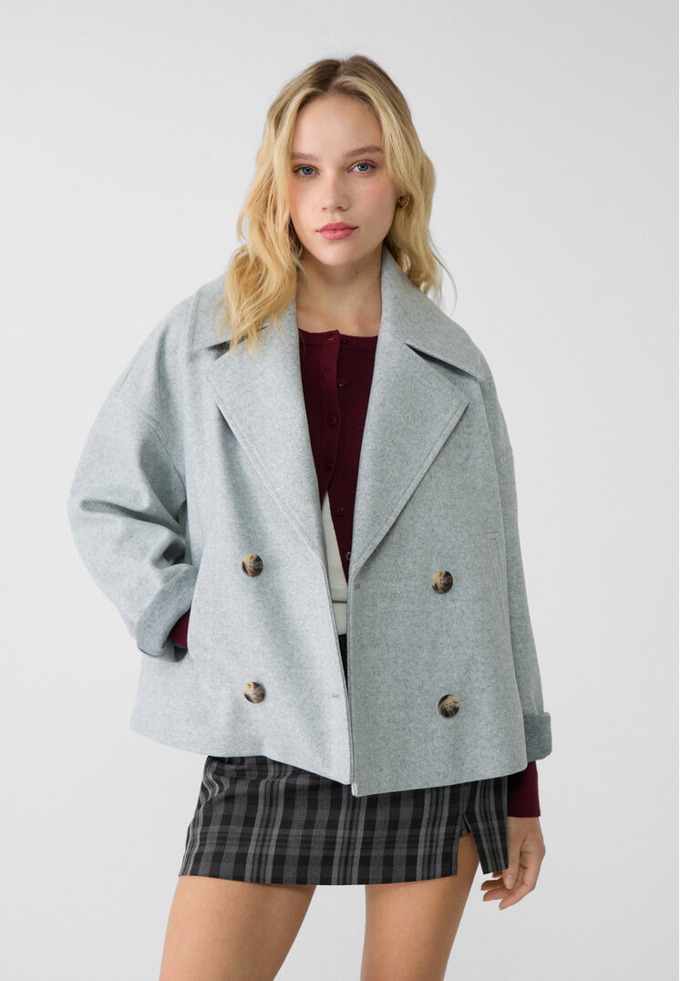 Stradivarius Palton Scurt Petrecut Gris Amestec L