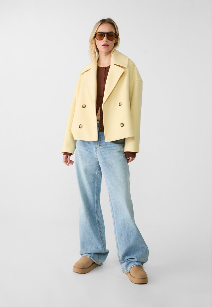 Stradivarius Short double-breasted coat Pastel yellow XS