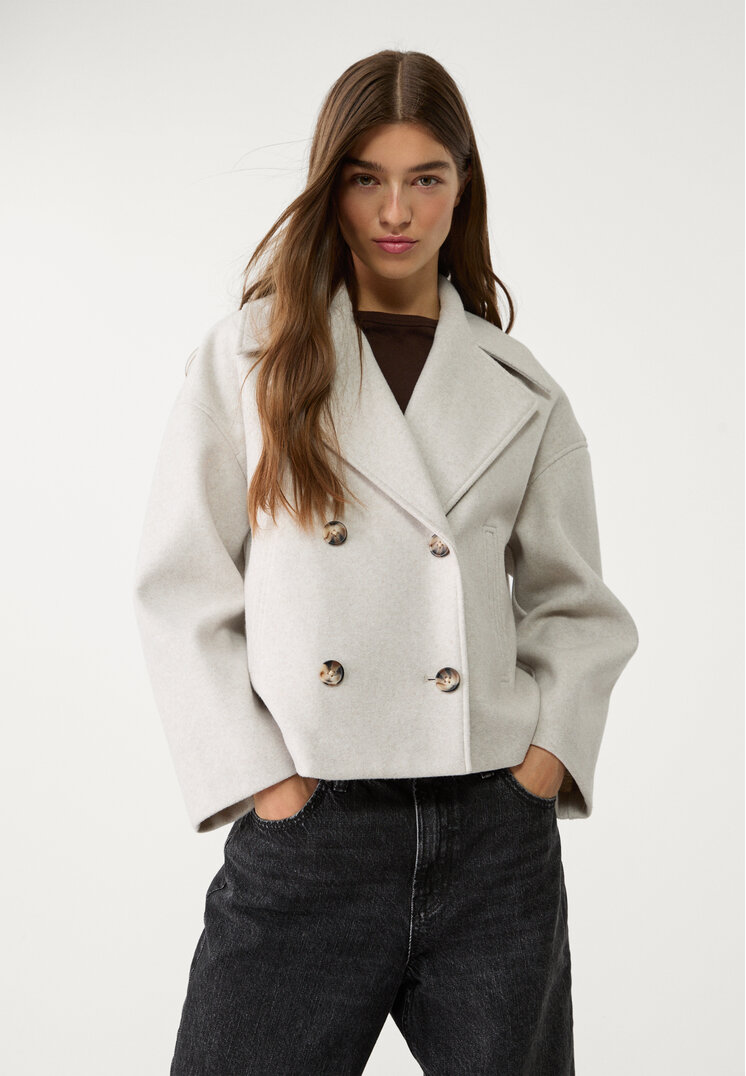 Stradivarius Palton Scurt Petrecut Ecru Xs