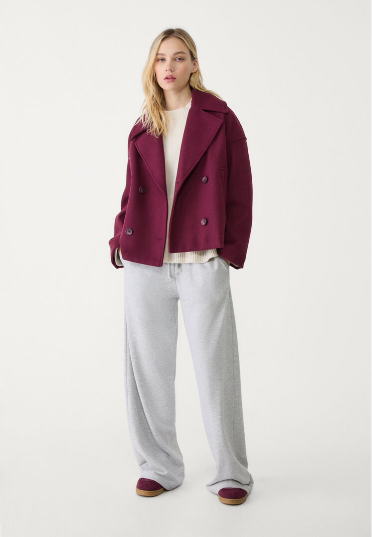 Stradivarius Short double-breasted coat Burgundy XS