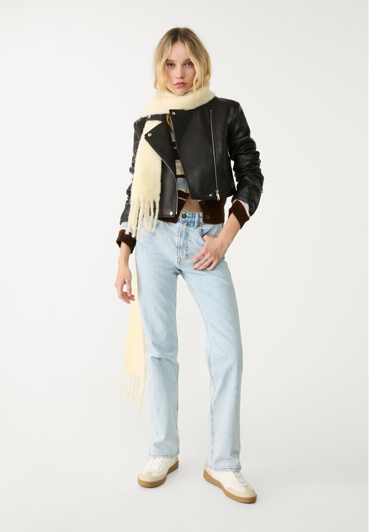 Stradivarius Geacă Biker Cropped Din Imitație De Piele Negru M