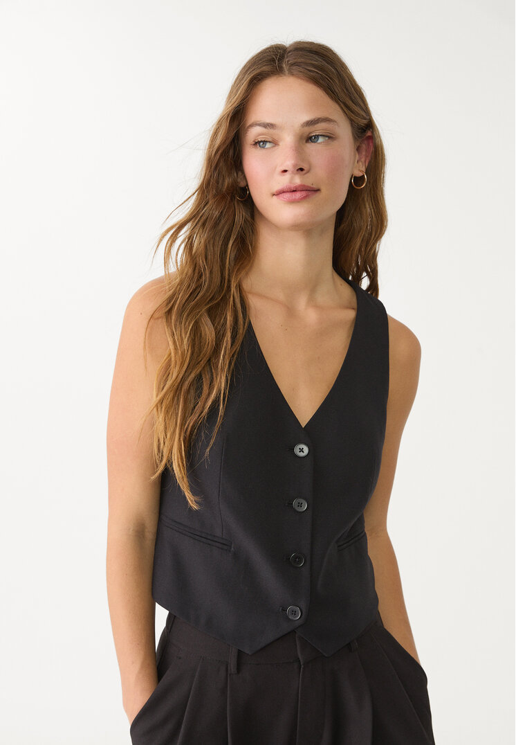 Stradivarius Vestă Scurtă Cu Nasturi Negru S