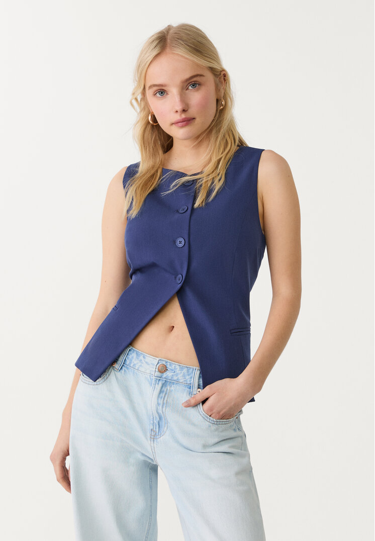 Stradivarius Vestă Regular Cu Nasturi Bleumarin L