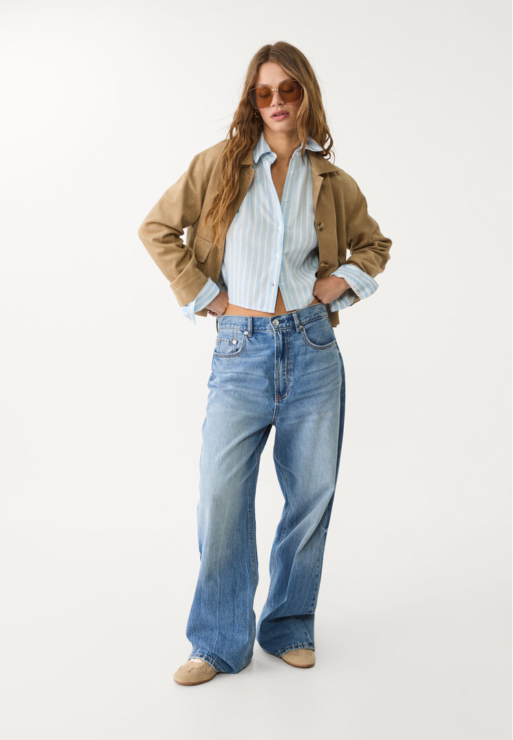 camisa corta con lino rayas