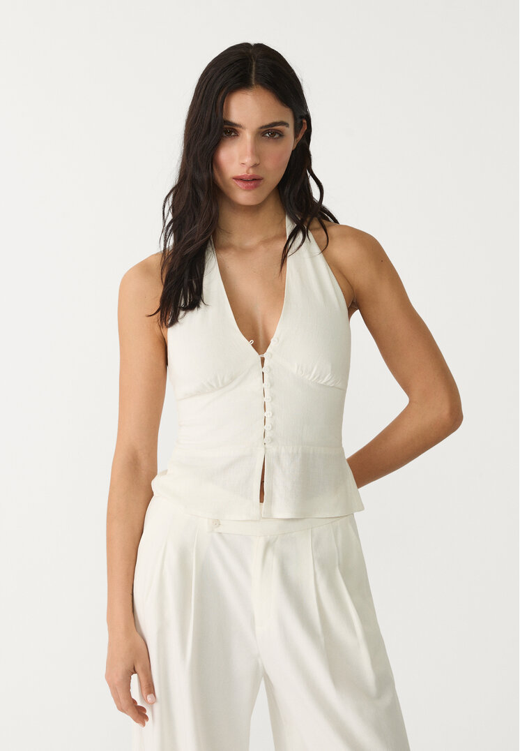 top halter botones con lino