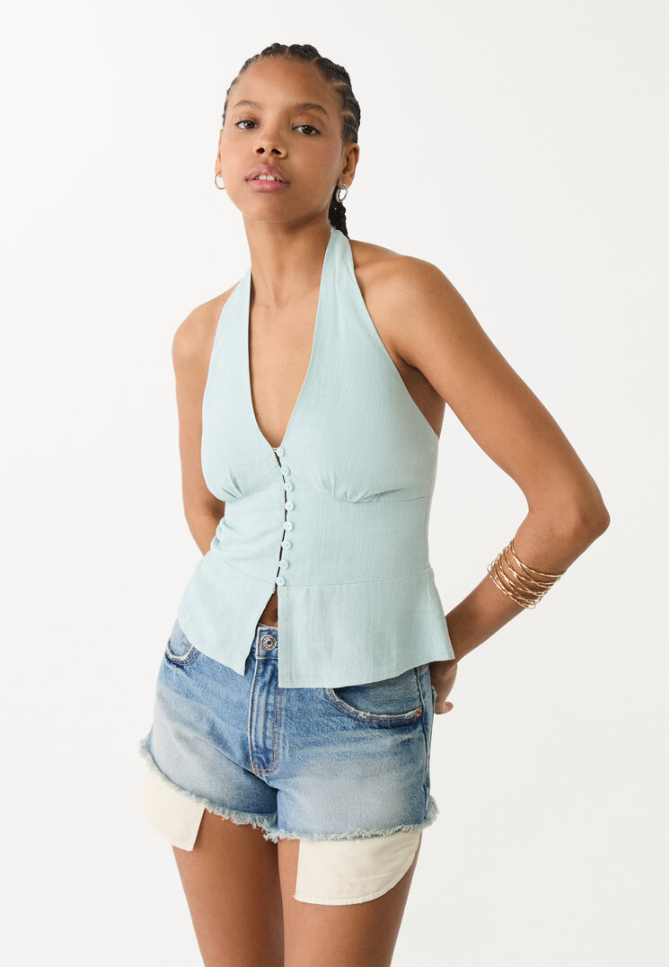 top halter botones con lino
