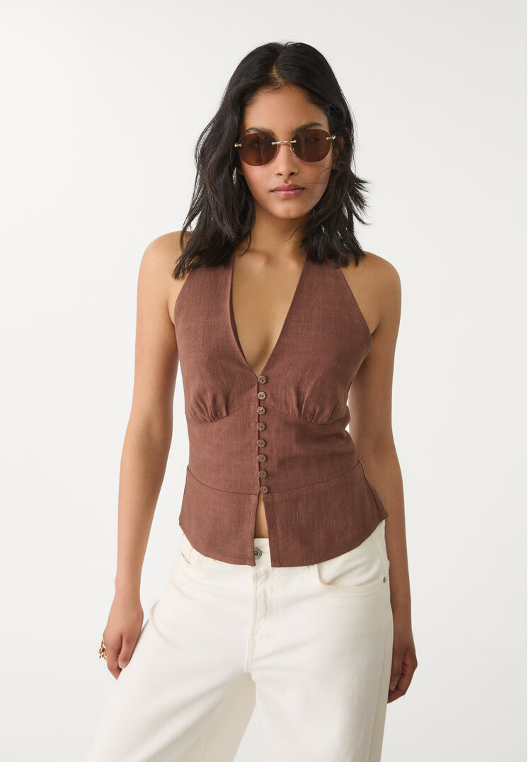 top halter botones con lino