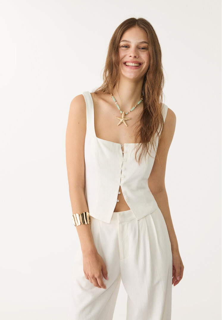 top tirantes botones con lino