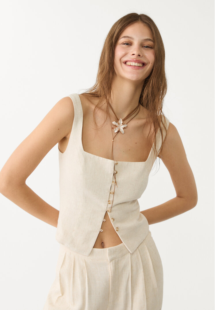 top tirantes botones con lino