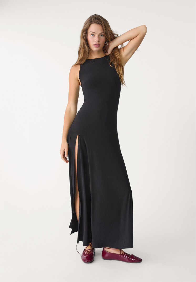 vestido midi fluido abertura