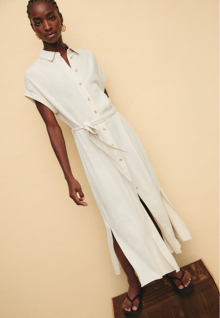 vestido midi camisero con lino