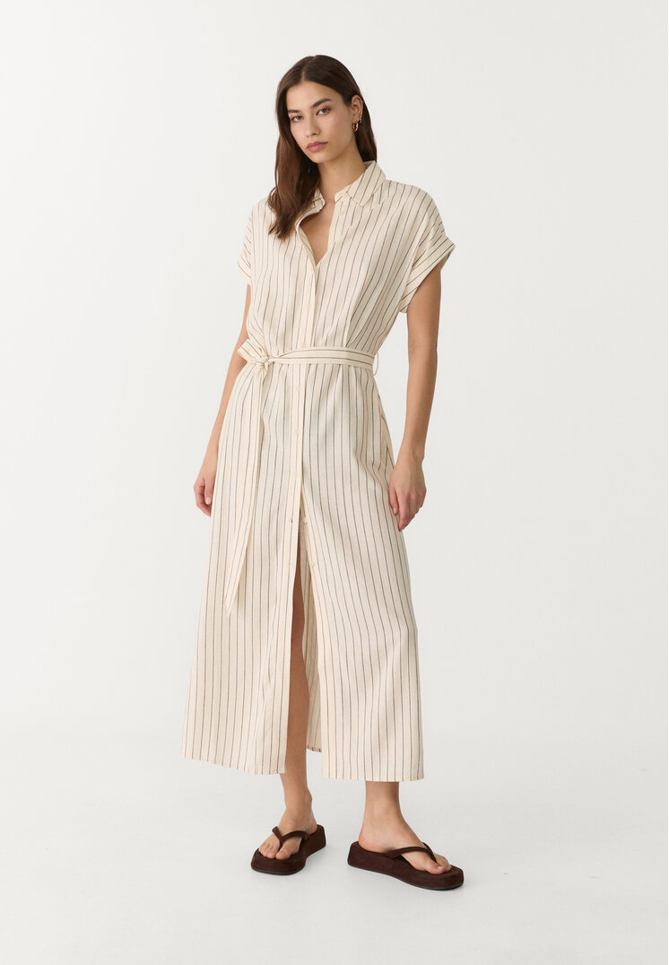vestido midi camisero con lino rayas