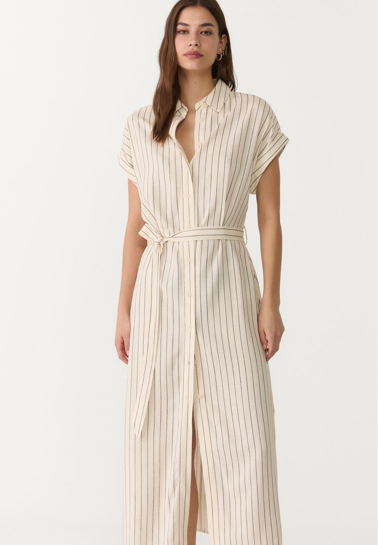 vestido midi camisero con lino rayas