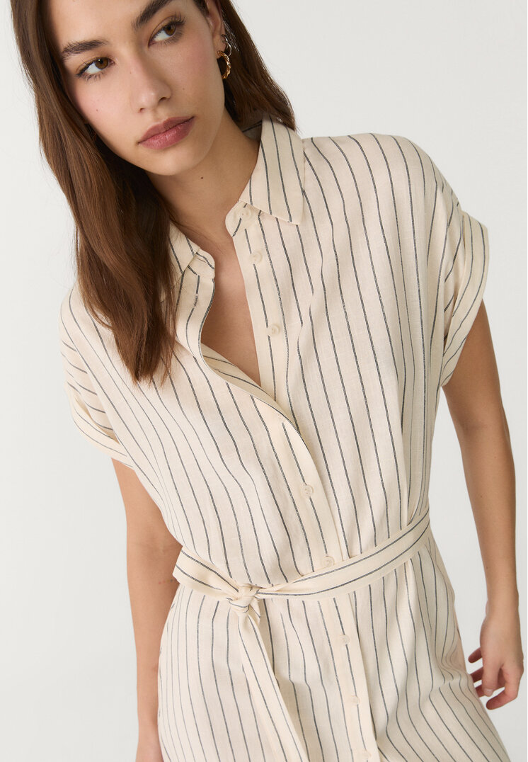 vestido midi camisero con lino rayas