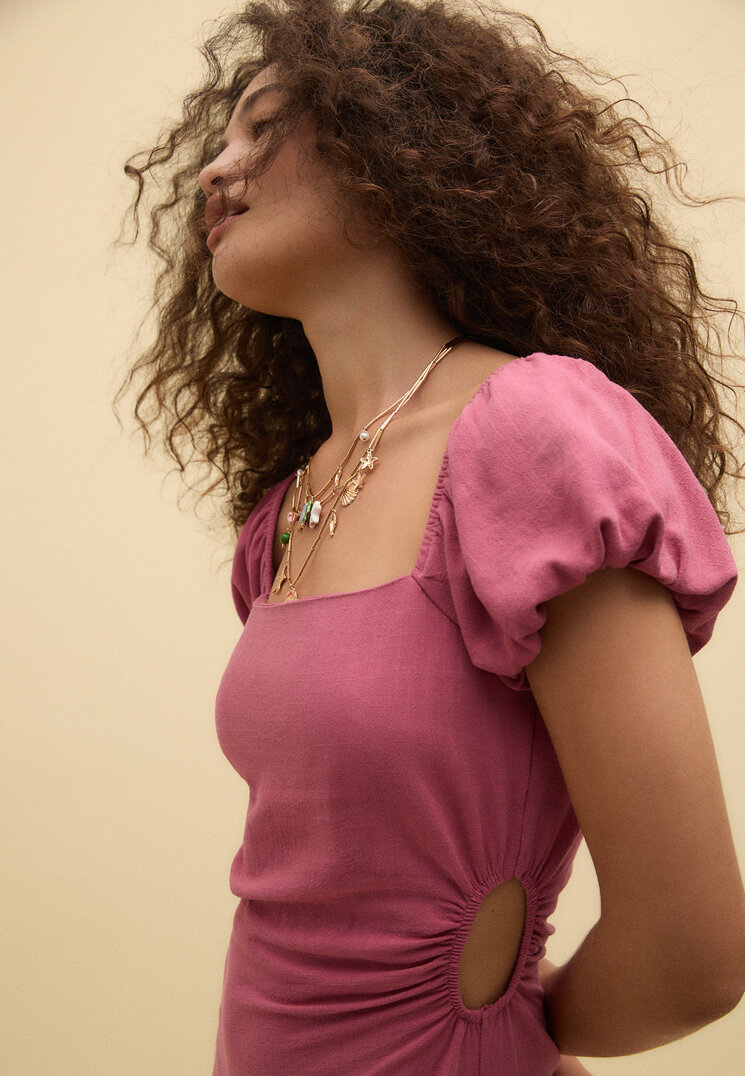 vestido midi manga abullonada con lino