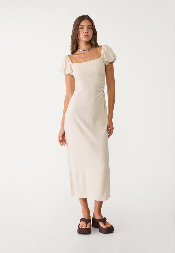 vestido midi manga abullonada con lino