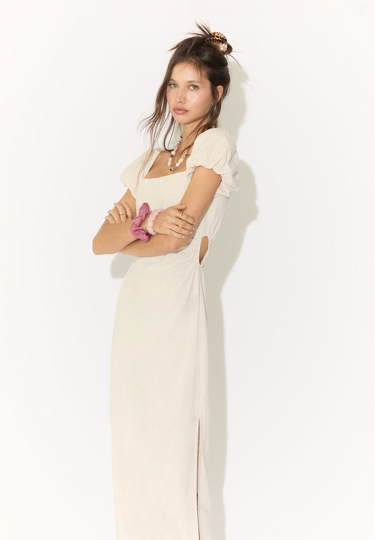 vestido midi manga abullonada con lino