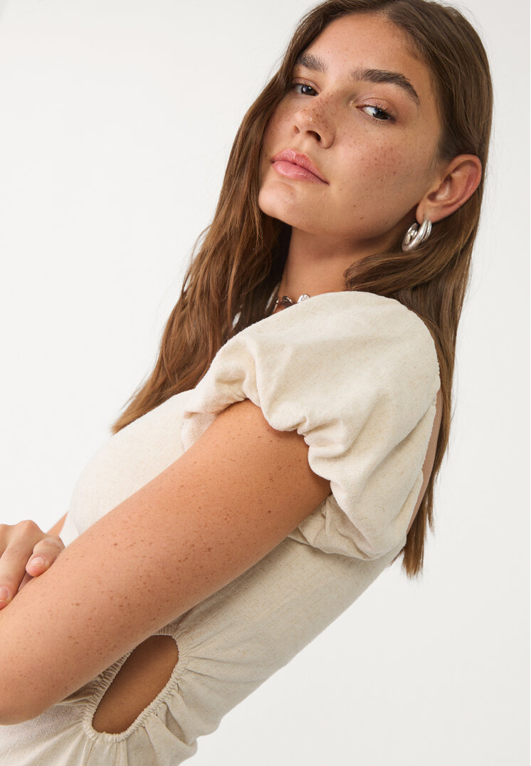 vestido midi manga abullonada con lino