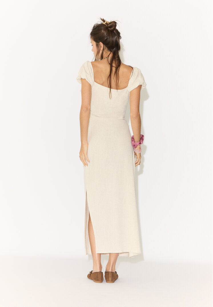 vestido midi manga abullonada con lino