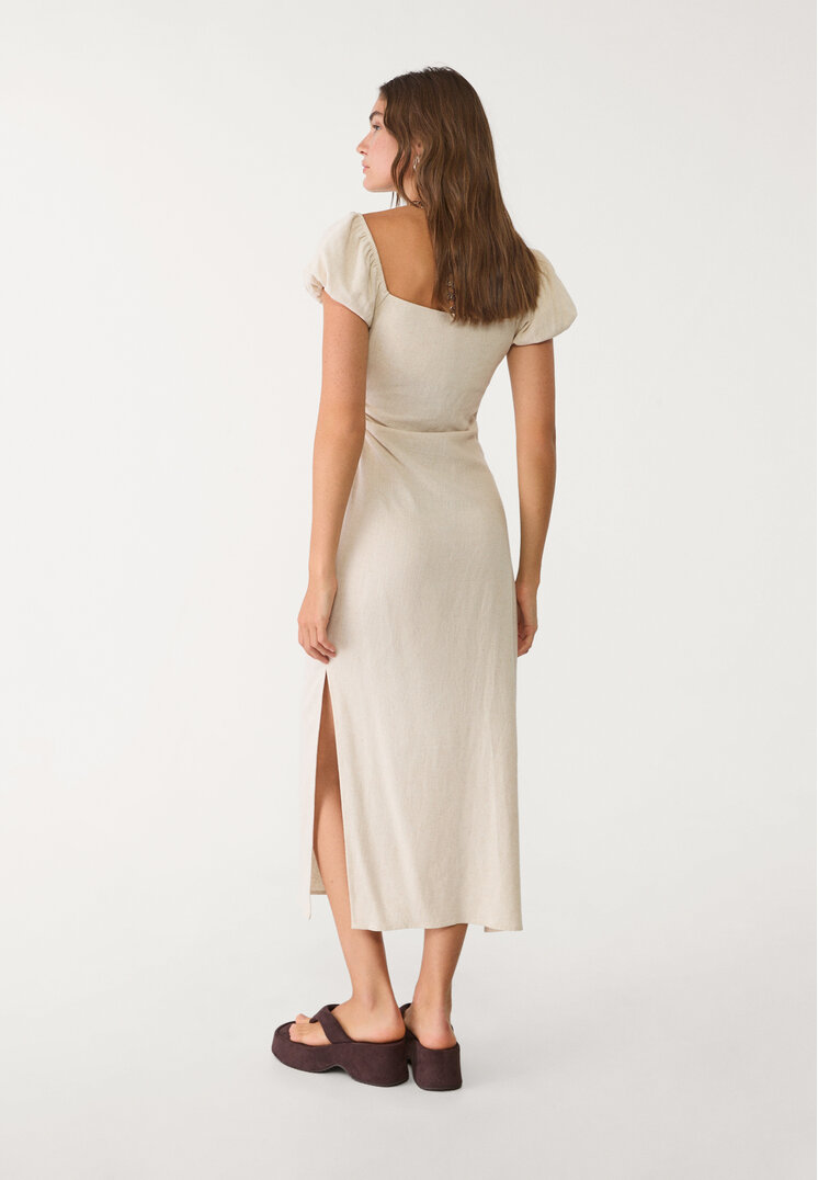 vestido midi manga abullonada con lino
