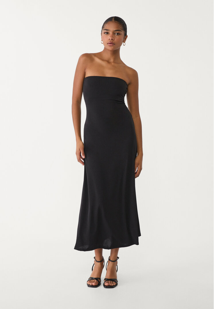 vestido midi evase hombros descubiertos