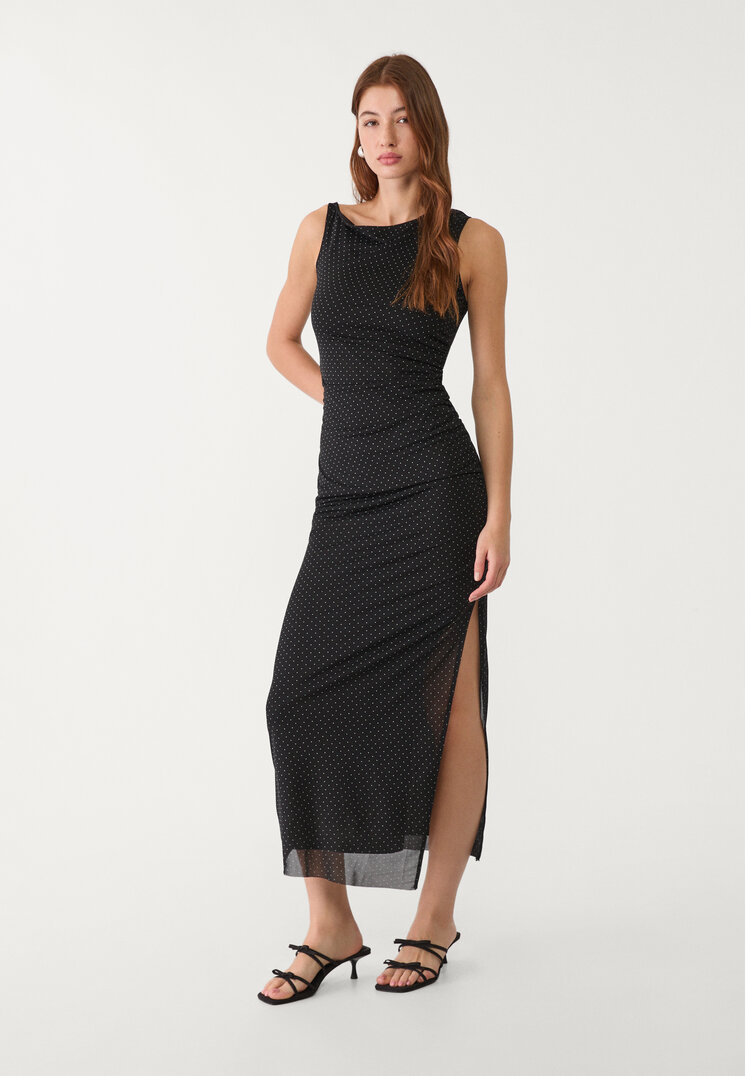 vestido midi topos asimetrico