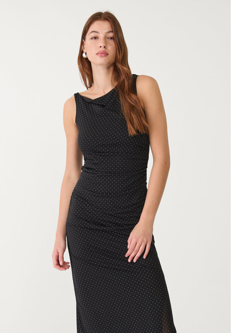 vestido midi topos asimetrico