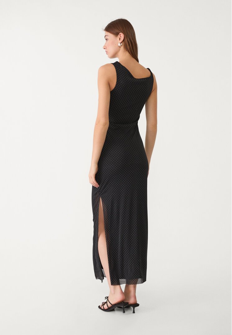 vestido midi topos asimetrico