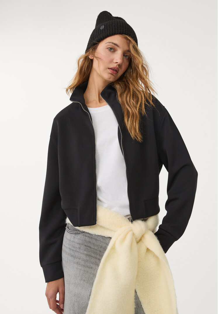 Stradivarius Hanorac Fermoar Soft Negru Xs