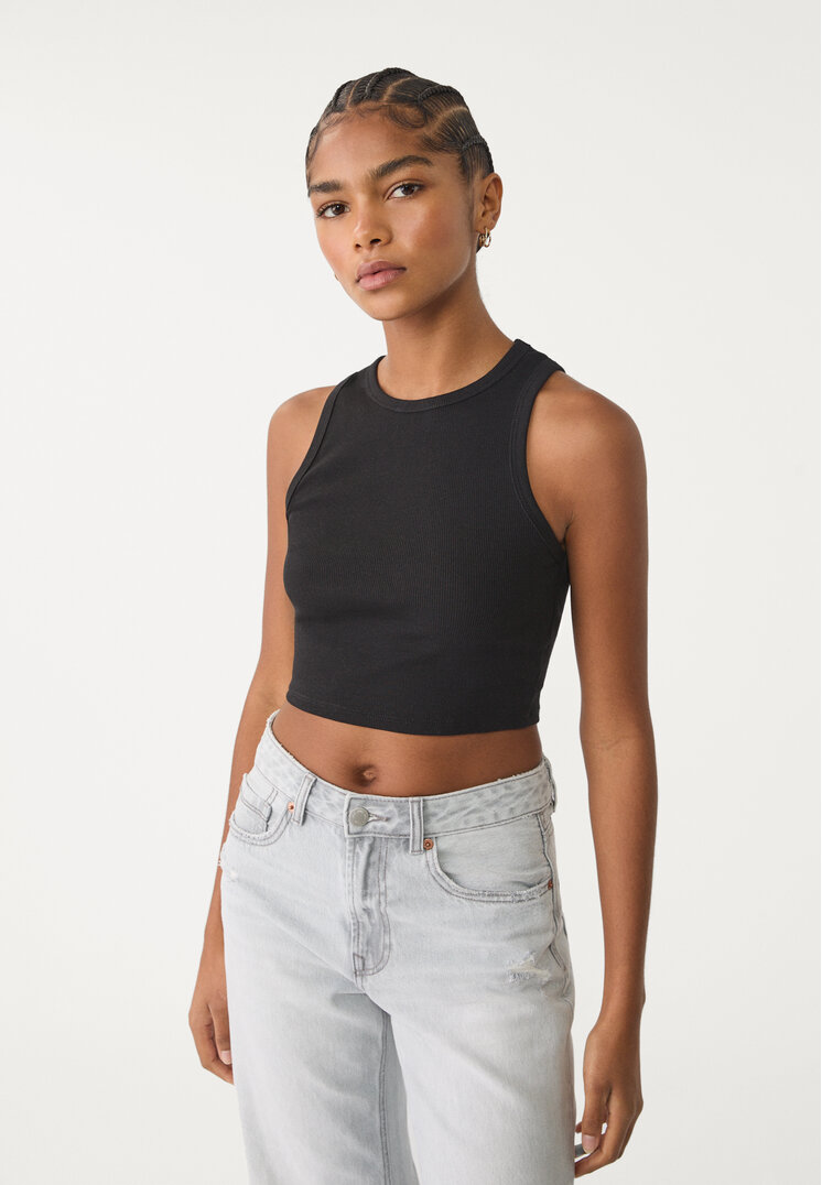 Stradivarius Tricou Cropped Simplu Din Reiat Negru L